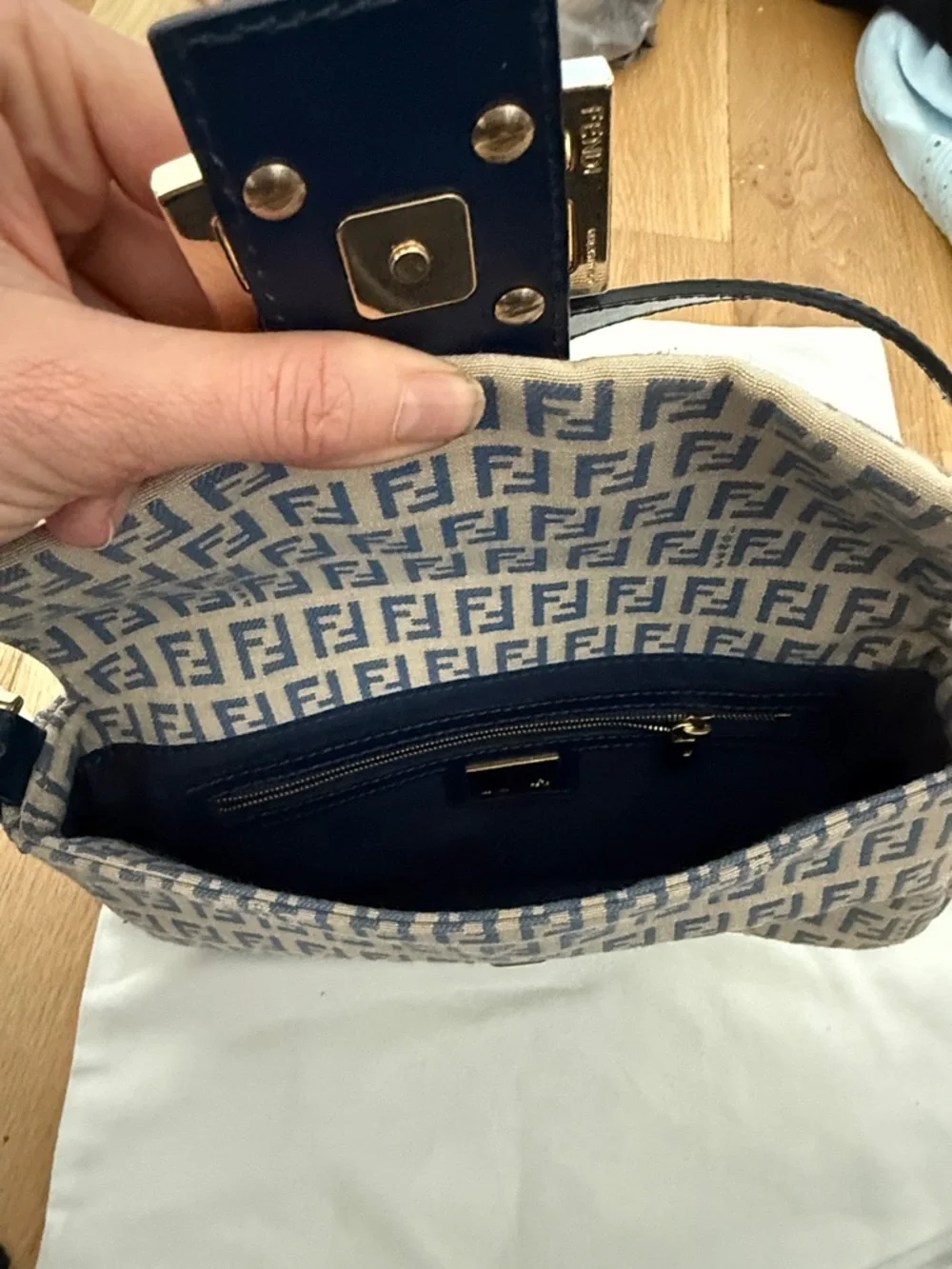 Fendi Saddle Bag Tan Blue Canvas Gold Buckle